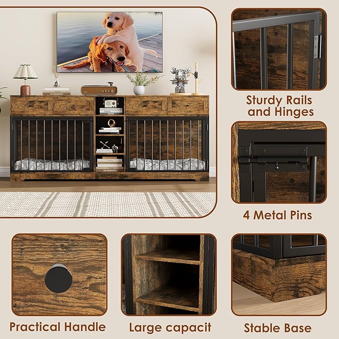 IDEALHOUSE 82” Large Dog Crate for 2 Dogs, Dog Kennel Indoor with 4 Drawers and Shelves, Double Dog Crate Furniture TV Stand, Wooden Dog Cage for Medium Large Dogs, Brown