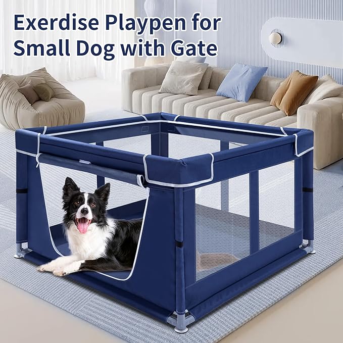 Puppy Playpen Indoor for Small Pets, 42x42x25 Inch, Dog Play Pen with Gate, Portable Oxford Fabric Pet Exercise Pen, Anti-Tipping Enclosure with Zipper Door