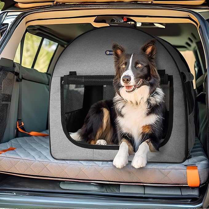 Veehoo Collapsible Dog Crates for Large Dogs - Portable Dog Travel Crate with A Storage Bag, Soft Sided Foldable Dog Kennel for Indoor & Outdoor Use, 32 * 24 * 24 inch, Grey