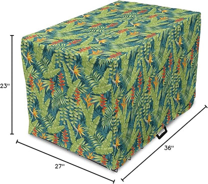Lunarable Tropical Dog Crate Cover, Exotic Bird of Paradise Blossoms Banana and Areca Fan Palm Leaves, Easy to Use Pet Kennel Cover for Medium Large Dogs, 36 Inch, Yellow Green and Dark Teal