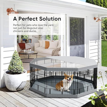 PJYuCien Puppy Playpen，8 Panels 24”H Dog Playpen with Gery Bottom Pad and Grey Top Cover，Metal Foldable Dog Exercise Pen for Indoor，Better for Small Pets