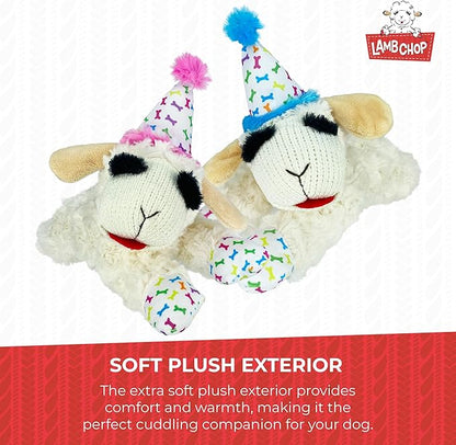 Multipet Lamb Chop Dog Plush Toy w/Birthday Hat - Squeaky Dog Toy for All Dogs - Soft Plush Dog Toy - Stuffed Animal Dog Toy for Playing - Cute Dog Birthday Toy (10.5”, Blue Hat, 5 Squeakers)