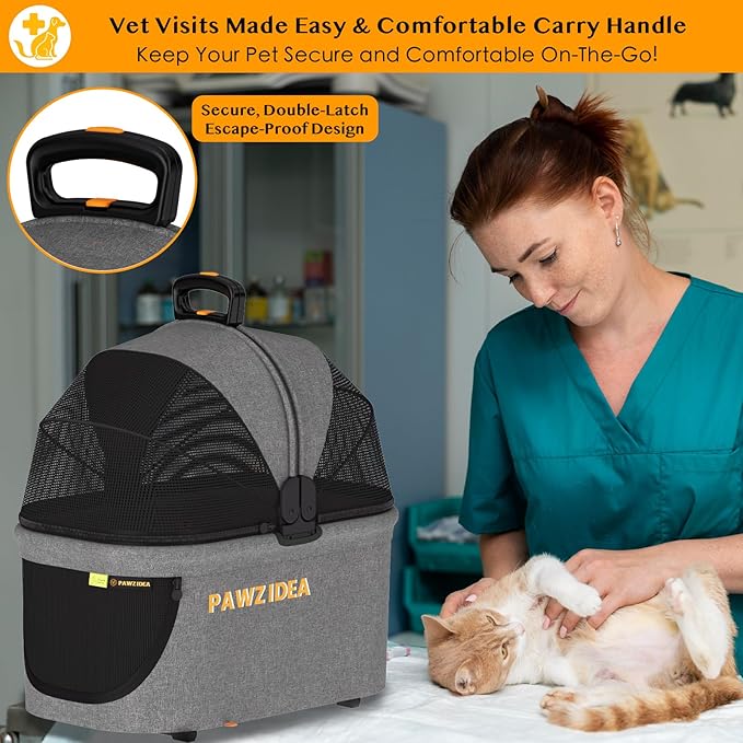 PAWZIDEA Portable Small Dog Crate for Car Travel, Enclosed Pet Car Seats for Small/Medium Dogs & Cats, Reversible No-Zip Canopy, Soft-Sided Pet Carrier Cage, Collapsible Travel Dog Kennel, Chew-Proof