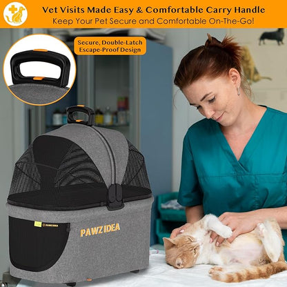 PAWZIDEA Portable Small Dog Crate for Car Travel, Enclosed Pet Car Seats for Small/Medium Dogs & Cats, Reversible No-Zip Canopy, Soft-Sided Pet Carrier Cage, Collapsible Travel Dog Kennel, Chew-Proof