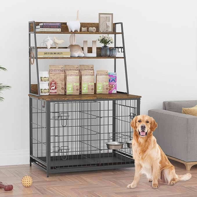Furniture Style Dog Crate, Indoor Basic Dog Cage with 3-Layer Storage Shelves, Flip-up Top End Table Dog Cage, Dog Kennel Furniture with Adjustable Bowls, 37.4" L x 24.4" W x 57.1" H,Brown