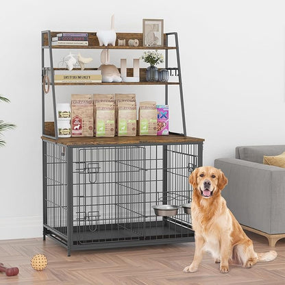 Furniture Style Dog Crate - Adjustable Feeder with Elevated Bowls, Dog Kennel Furniture with -up Top, Multifunctional Dog House End Table, Versatile Dog Cage with Storage, Brown