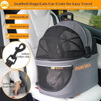 PAWZIDEA Portable Small Dog Crate for Car Travel, Enclosed Pet Car Seats for Small/Medium Dogs & Cats, Reversible No-Zip Canopy, Soft-Sided Pet Carrier Cage, Collapsible Travel Dog Kennel, Chew-Proof