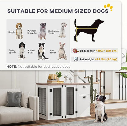 PawHut 44" Dog Crate End Table, Double Door Kennel With Storage Drawer, Indoor Furniture Style Cage for Medium Dogs, White