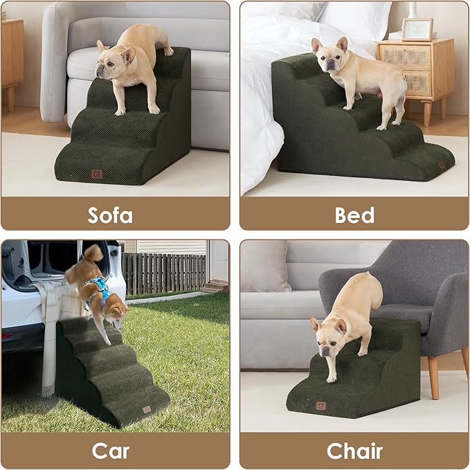 EHEYCIGA Curved Dog Stairs Ramp for High Beds 19.7" H, 4-Step Dog Steps for Small Dogs and Cats, Pet Stairs for High Bed Climbing, Non-Slip Balanced Pet Step Indoor, Olive Green