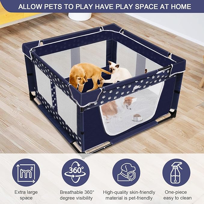 Puppy Playpen, 43.3x43.3 Inch Large Dog Play Pen for Small Pets Cats with Zipper Gate Dog Fence, Thickened Oxford Fabric Dog Playpen Indoor & Outdoor