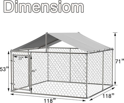 Outdoor Dog Kennel Dog Crate with Lockable Swing Gate,Water & UV Resistant Dog Enclosure Outdoor W/Pitched Roof,Heavy Duty Dog Pens Dog House Outside for Large Dogs,Gray(118"x 118")