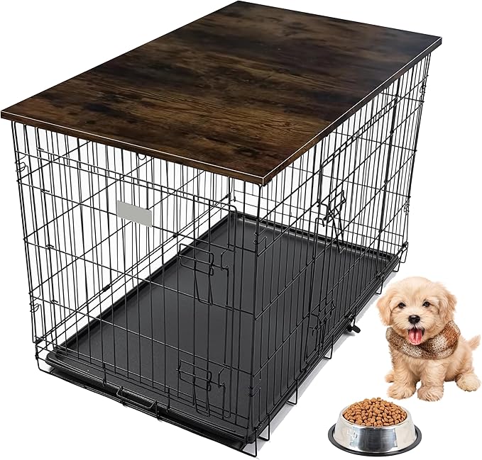 Skywin Dog Crate Topper Wood (Rustic) - 42 x 28 Inches Dog Crate Table Topper, Premium Dog Kennel Topper, Functional Pet Crate Furniture Table Dog Crate Accessories (Does NOT Include Dog Crate)