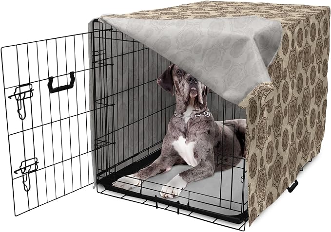 Lunarable Cream Dog Crate Cover, Vintage Eastern Inspired Design with Symmetrical Elements Abstract Flower Arrangement, Easy to Use Pet Kennel Cover for Medium Large Dogs, 48 Inch, Tan Brown