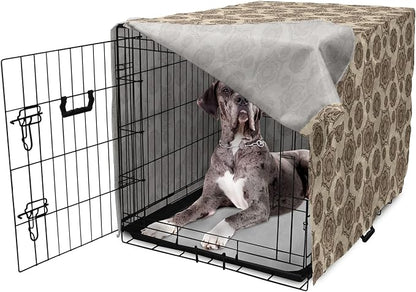 Lunarable Cream Dog Crate Cover, Vintage Eastern Inspired Design with Symmetrical Elements Abstract Flower Arrangement, Easy to Use Pet Kennel Cover for Medium Large Dogs, 48 Inch, Tan Brown