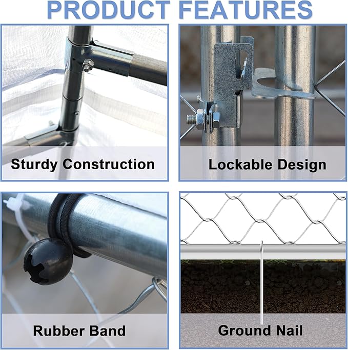 Large Outdoor Dog Cage with UV and Waterproof Cover,Metal Galvanized Rustproof Outdoor Puppy Fence,W/Security Door,Heavy Duty Kennel for Farm & Garden,Silver 9.8'Lx9.8'Wx4.4'H