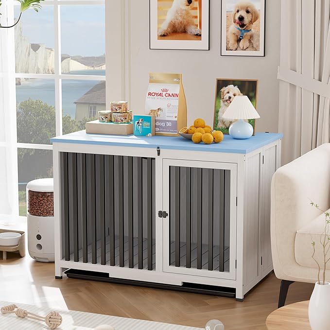 39.5in Furniture Dog Crate, Large/Medium Dog Crate End Table, Solid Wood Portable Foldable Indoor, No Assembly Needed (White and Blue)