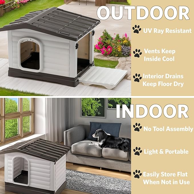 Ferplast Dog Villa Indoor and Outdoor Dog House for Small Dog Breeds, Measures 28.75L x 23.23W x 20.87H Inches, Ventilated with Patented Fold-Out Porch, Cream with Dark Brown Bottom, Part # 87253099