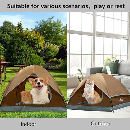 Outdoor Waterproof Pet Camping Tent, Cave Bed for Indoor Cats and Small Dogs, Portable Cat House Dog House, 21.6x21.6x14.9'', Brown, S.