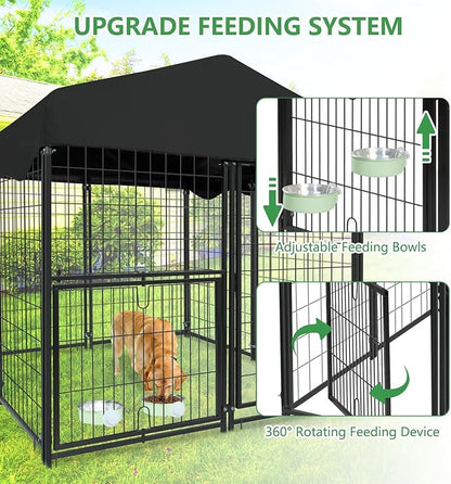 Dog Kennel Outdoor with Waterproof Roof, 4'L x 4'W x 4.5'H Large Outdoor Kennel with Rotating Feeding Door, Bowls, Dog Cage for Outside Dog House Enclosure for Dogs, Cat, Rabbits