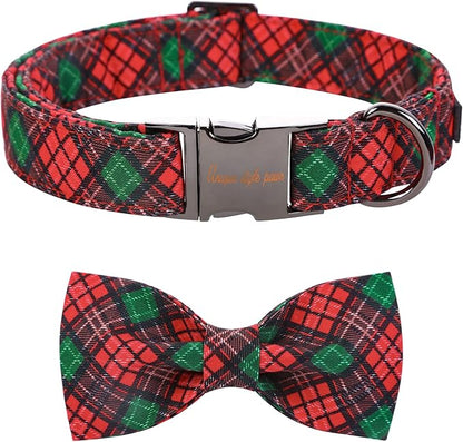 Unique style paws Christmas Dog Collar with Bow Tie Red Green Plaid Adjustable Cotton Puppy Collar for Small Medium Large Dogs-XS