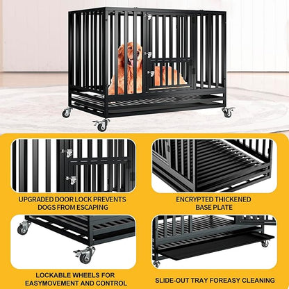 47" Heavy Duty Dog Crate,Indestructible Large Dog Cage,Escape Proof Dog Crate Dog Kennel,Two-Door Design with Wheels and Dog Crate Tray,Suitable for High Anxiety,Black