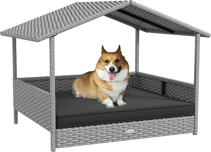 PawHut Wicker Dog House Outdoor with Canopy, Rattan Dog Bed with Water-Resistant Cushion, Raised Dog Bed for Small, Medium Dogs up to 66 lbs, 19.75" in Length, Silver Wicker, Gray Cushion