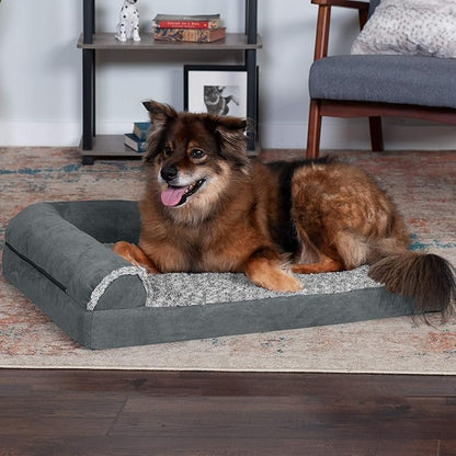 Furhaven Memory Foam Dog Bed for Large/Medium Dogs w/ Removable Bolsters & Washable Cover, For Dogs Up to 55 lbs - Two-Tone Plush Faux Fur & Suede L Shaped Chaise - Stone Gray, Large