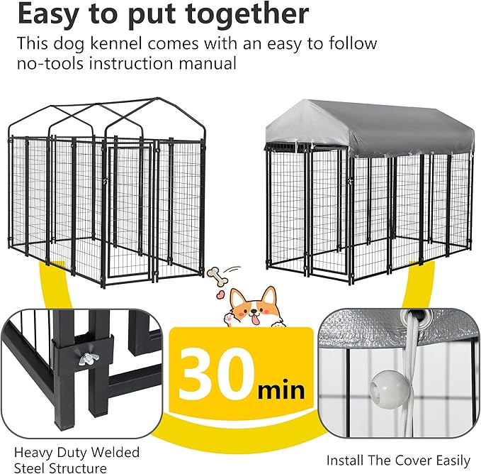 FDW 8 x 4 x 6 Ft Dog Kennel Outdoor Welded Wire Heavy Duty Playpen Dog Crate Cage with Waterproof Cover Roof and UV Resistant Pet Kennel Fence with Secure Lock, Black