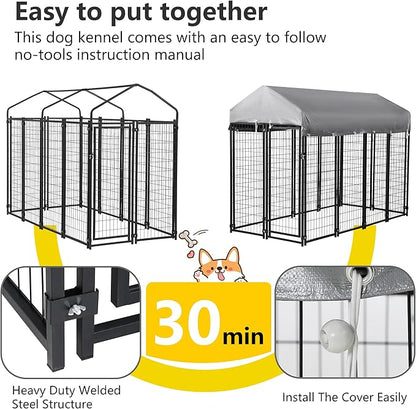 FDW 8 x 4 x 6 Ft Dog Kennel Outdoor Welded Wire Heavy Duty Playpen Dog Crate Cage with Waterproof Cover Roof and UV Resistant Pet Kennel Fence with Secure Lock, Black