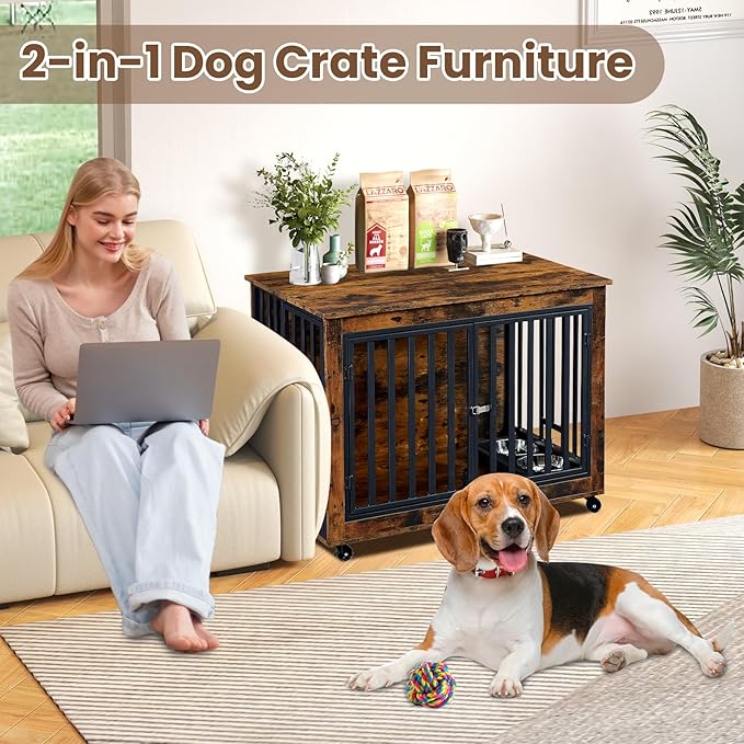 Rovibek Dog Crate Furniture for Large Dogs, 38.58 Inch, Large Dog Kennel Indoor with 2 Removable Dog Bowls, Flip-Up Top Opening and Wheels, Medium Dog Crate, Brown