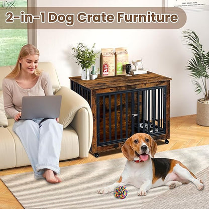 Rovibek Dog Crate Furniture for Large Dogs, 38.58 Inch, Large Dog Kennel Indoor with 2 Removable Dog Bowls, Flip-Up Top Opening and Wheels, Medium Dog Crate, Brown