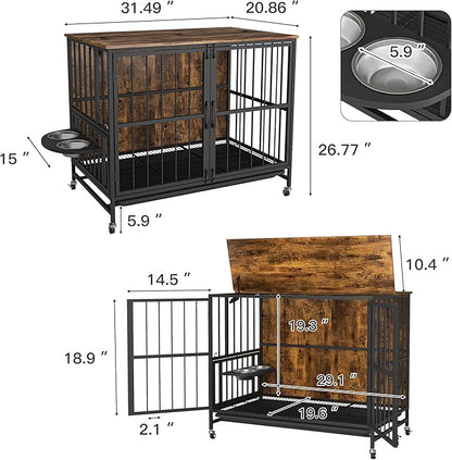 NicBex Dog Crate Furniture Dog Cage with 360 Degree Rotation Height Adjustable Feeding Bowls, Dog Kennels for Inside, Wooden Dog Crate with Lift Top and Wheels, Antique Brown
