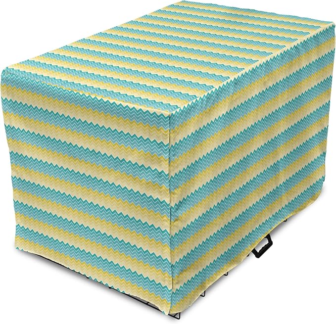 Lunarable Yellow and Blue Dog Crate Cover, Horizontal Chevron Motifs Zigzag Lines Pattern Ombre Inspired Design, Easy to Use Pet Kennel Cover for Cats & Medium Dogs, 24 Inch, Aqua Mustard
