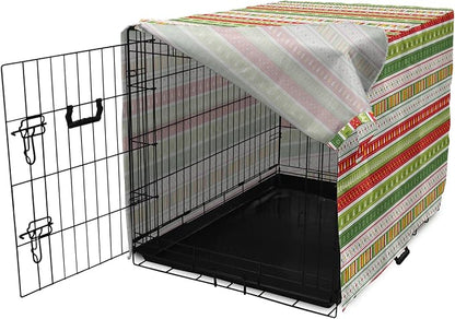 Ambesonne Christmas Dog Crate Cover, Traditional Winter Seasonal Borders Stars Bells Trees Stripes Print, Easy to Use Pet Kennel Cover for Medium Large Dogs, 42 Inch, Lime Green