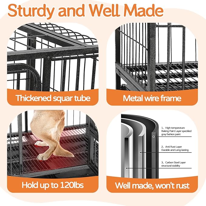36 inch Metal Dog Crate, Dog Cage Medium Sized Dog, Heavy Duty Wire Dog Crate, High Anxiety Dog Cage Large Dogs Safe & Comfortable, Dog Kennel Indoor, Removable Cleaning Tray, 2 Lockable Wheels
