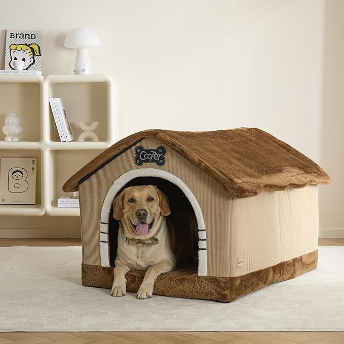 Jiupety Cozy Dog House, Large Dog Bed, Enough Interior Space with Name Plate, 3 XL Size Suitable for Big Pet, Brown