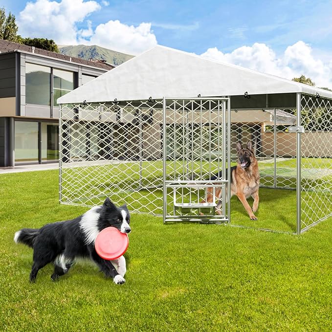 10x10 ft Dog Kennel Outdoor - Outside Dog Kennel with Roof, Large Outdoor Kennel with Rotating Feeder Bowls, Covered Dog Run Kennel for Large Dogs