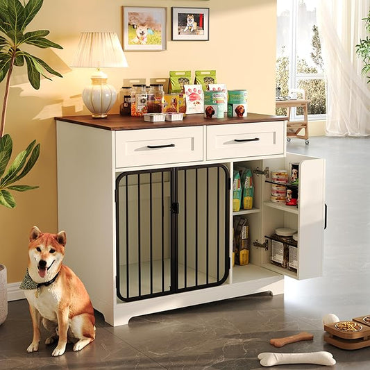 Ball & Cast 37.4" 2-in-1 Dog Crate Furniture,Modern Indoor Kennel with 2 Drawers&Storage Shelves,Double Doors&Double Locks Design for 26-40 lbs Dogs,Living Room,Kitchen,Entryway Side Table,White