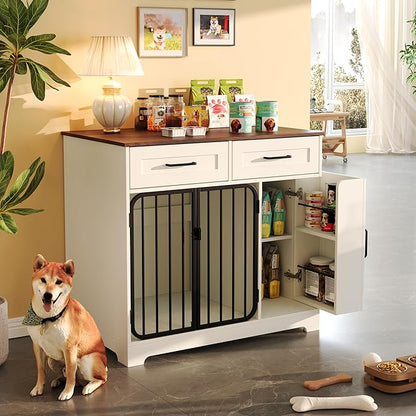 Ball & Cast 37.4" 2-in-1 Dog Crate Furniture,Modern Indoor Kennel with 2 Drawers&Storage Shelves,Double Doors&Double Locks Design for 26-40 lbs Dogs,Living Room,Kitchen,Entryway Side Table,White