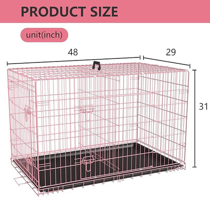FDW Extra Large Dog Crate Dog Kennel Cage with Double Door,48 inch Folding Metal Wire Dog Cage with Removable Tray&Divider Panel,Pet Crate for Large Dogs,Pink