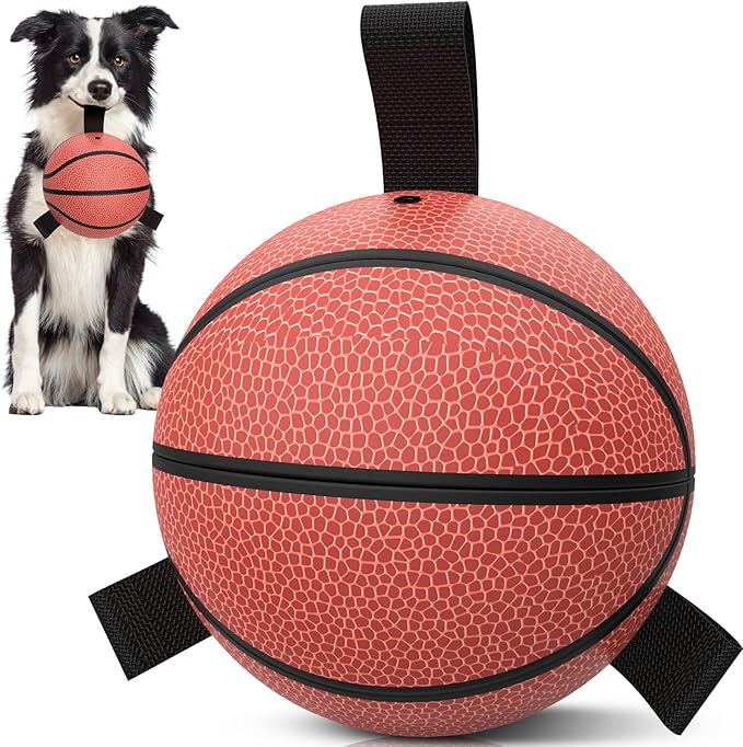 QDAN Dog Ball Basketball Toys - Balls for Dogs with Straps, Dog Toys for Tug of War, Dog Water Toy Pool Toys for Small Medium Dogs, Dog Birthday,Red(6 Inch)