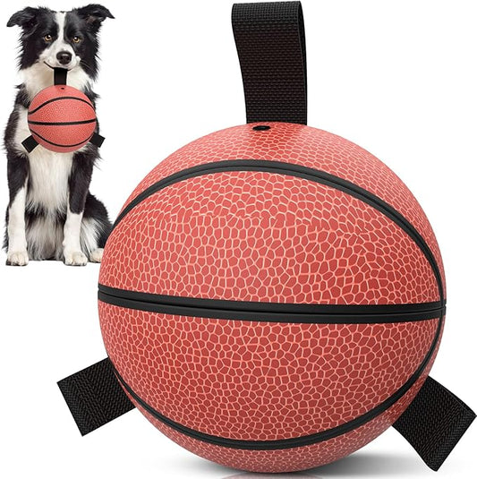 QDAN Dog Ball Basketball Toys - Balls for Dogs with Straps, Dog Toys for Tug of War, Dog Water Toy Pool Toys for Small Medium Dogs, Dog Birthday,Red(6 Inch)
