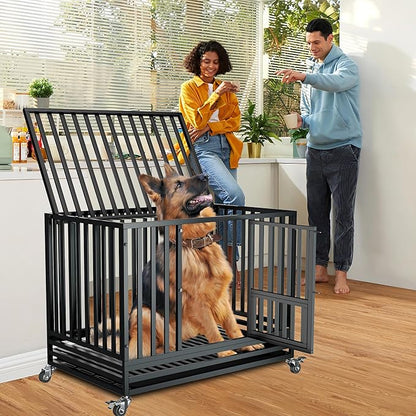 47" Heavy Duty Dog Crate,Indestructible Large Dog Cage,Escape Proof Dog Crate Dog Kennel,Two-Door Design with Wheels and Dog Crate Tray,Suitable for High Anxiety,Black