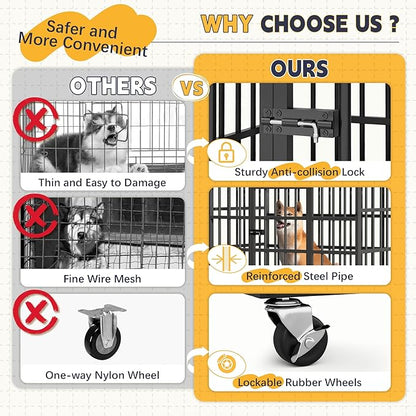 Greesum 38 INCH Heavy Duty Indestructible Dog Crate for Large Dog, Escape Proof Dog Cage Kennel, Extra Large Crate Indoor with High Anxiety Double Door, Lockable Wheels, Removable Tray