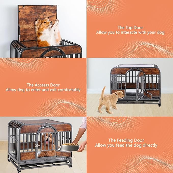 46in Heavy Duty Dog Crate for Extra Large Dogs, Dog Kennel Indoor with Removable Trays, Enclosed Design withlockable Wheels, Chew Proof Pet Cage House Indoor, Brown
