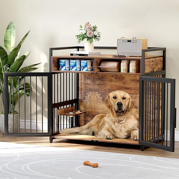 48 Inch Large Dog Crate Furniture for Large Dogs, Heavy Duty Kennel with 2 Drawers Storage, 360° Adjustable Raised Feeder, Wooden Dog Cage Indoor House End Table for Dogs