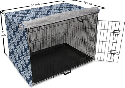 Lunarable Damask Blue Dog Crate Cover, Abstract Antique Royal Motif with Leaves and Swirls, Easy to Use Pet Kennel Cover for Cats & Medium Dogs, 30 Inch, Ceil Blue Violet Blue