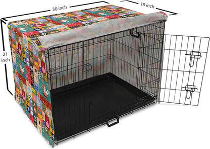Lunarable Christmas Dog Crate Cover, Modern Design Theme Funny Xmas Winter Patterns Theme, Easy to Use Pet Kennel Cover for Cats & Medium Dogs, 30 Inch, Red Blue