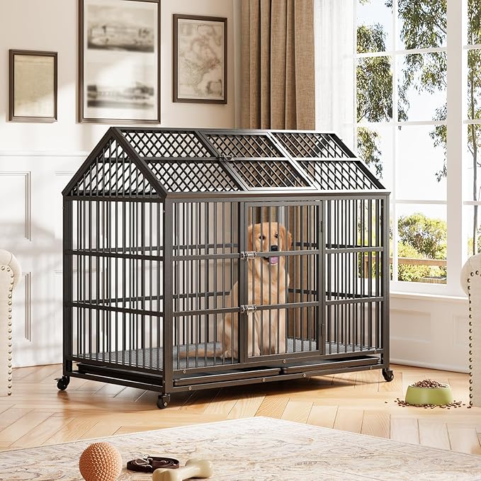 Heavy Duty Dog Crate, 52 Inch Dog Crate with Double Door, 360° Lockable Wheels and Removable Tray, Easy to Assembly，Indoor Dog Cage for Small Medium Large Dogs