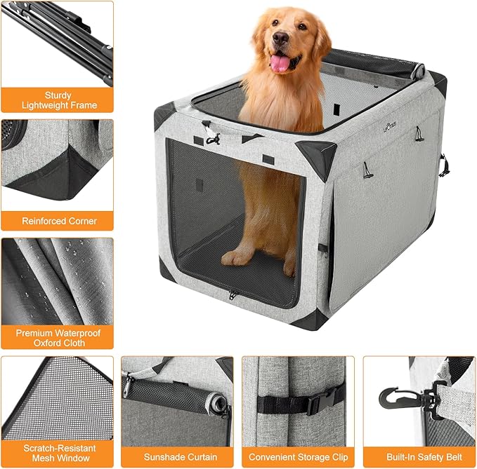 Collapsible Dog Crate for Large Dogs, Portable Travel Dog Crate Soft Pet Kennel with 4-Door Chew Proof Mesh Windows for Indoor & Outdoor